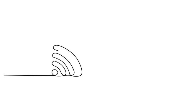 Minimalist continuous line drawing of a telephone handset and wifi signal icon, black linear call center symbol, wireless communication vector 4k video