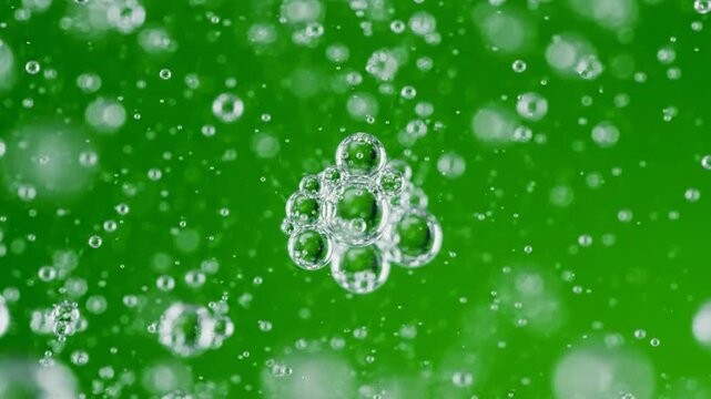 Abstract macro green liquid background, with rising bubbles, effervescent carbonated texture, for science and, beverage concepts