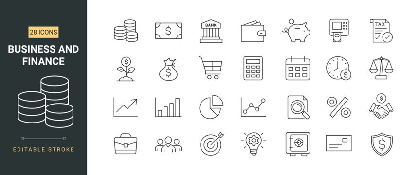 Business and finance line icon set with editable stroke. Banking, money, growth, analytics, and investment linear icons.