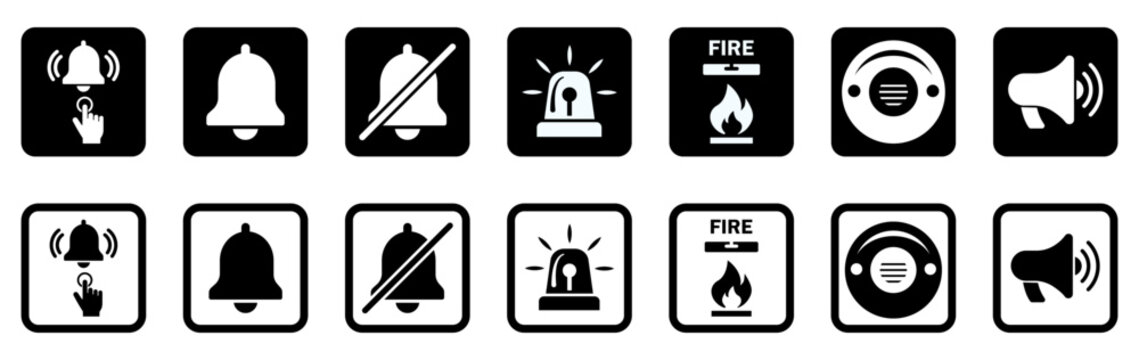 Safety notification icon set. Safety, alert, notification, fire exit and mute are the top search keywords in this outline and solid vector collection, ideal for emergency signage, security systems