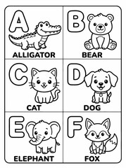 Fototapeta premium charming black and white line art alphabet animals for kids educational coloring pages featuring alligator, bear, cat, dog, elephant, fox