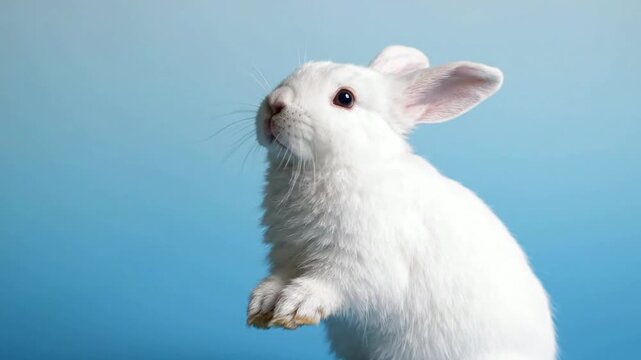 Adorable white rabbit standing up on hind legs against a soft blue background, cute bunny portrait animal
