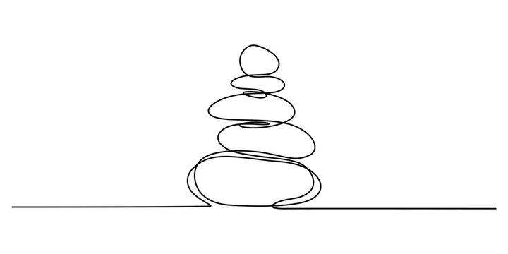 Minimalist continuous line drawing of stacked zen stones, simple black ink pebble cairn vector, balanced rock tower for wellness and meditation