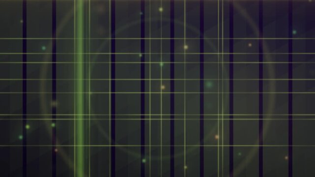 A seamless looping background featuring a dark grid pattern with glowing vertical green lines and scattered light particles on a dark surface.