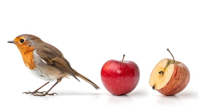 Small european robin standing beside fresh red apples with wildlife feathers vitamins nutritious