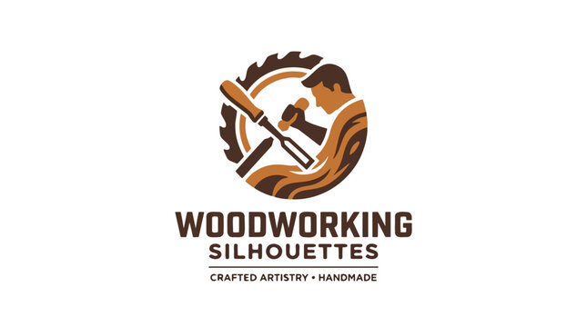 A circular logo featuring a silhouetted woodworker using a chisel and hammer, representing woodworking craftsmanship and handmade artistry.