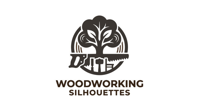 A circular logo featuring a saw and tree silhouette inside, symbolizing the connection between nature, woodworking, and the craft of carpentry.