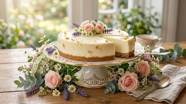Elegant floral decorated cheesecake on a cake stand, ready for a delightful celebration