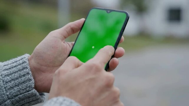 Person using smartphone with green screen for chroma key compositing and app interface mockup mobile