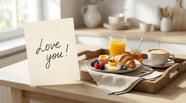 Romantic breakfast tray with love note croissant egg coffee and berries served on wooden home table.