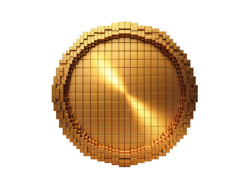 Isolated shimmering gold circular graphic element built from numerous square blocks.