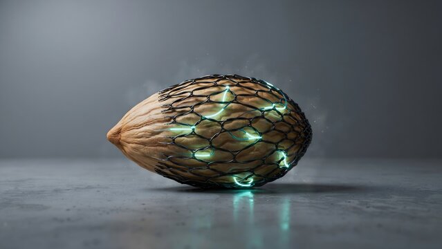 Nanotechnology almond with carbon nanotube lattice and cyan veins &ndash; Suitable for biotech presentations, advanced materials, or scientific research content.