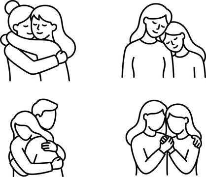 Set of line art icons depicting diverse people hugging each other in friendly supportive gestures for social care concepts.