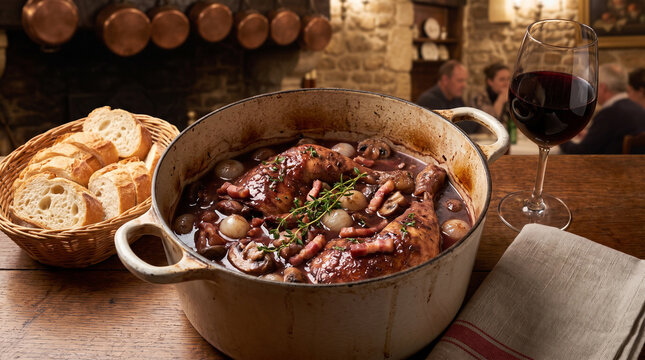 Traditional French Coq au Vin featuring braised chicken in a rich red wine sauce with pearl onions and mushrooms. A beautiful rustic meal highlights classic dining arts.
