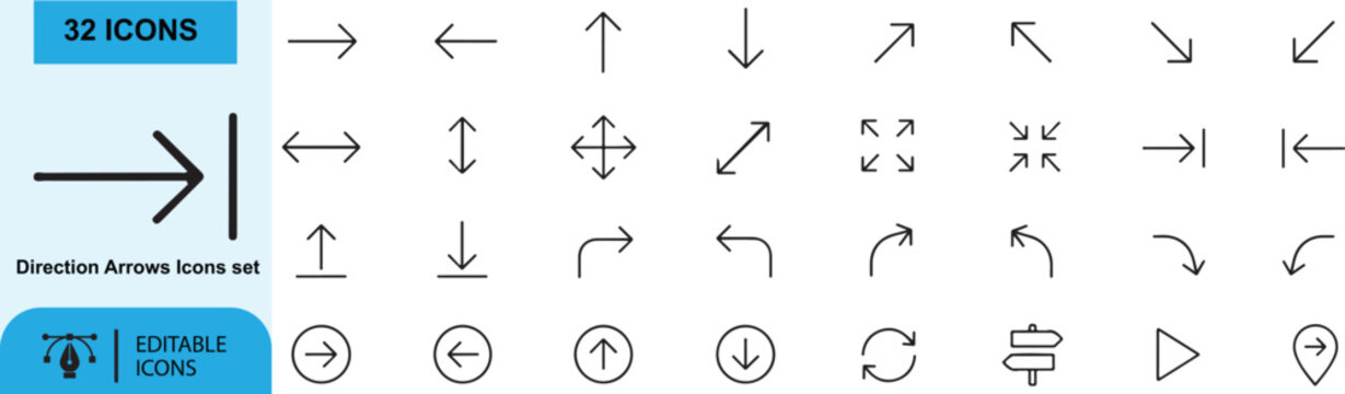 32 Direction Arrow Icons Set - Navigation Outline Vector Bundle for UI UX, Left Right Up Down, Curved, Circular and Location Arrows