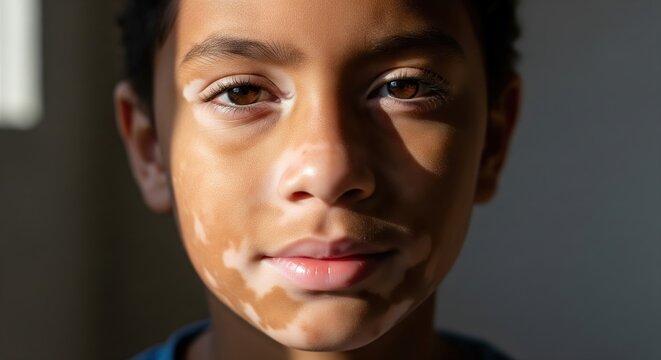 Close portrait of a young boy with vitiligo skin condition looking calmly at the camera in soft natural window light, authentic diversity and skin awareness lifestyle concept photography