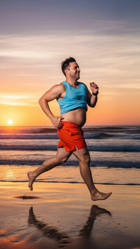 Plus size man in red shorts and a blue tank top running barefoot along the shoreline with waves during a vivid orange sunset, body positive fitness motivation concept photography
