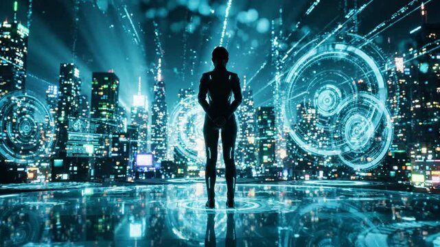 Futuristic cyberpunk cityscape with digital holographic interface and silhouette of a person standing on a high-tech platform