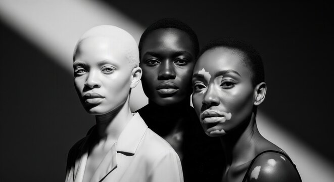 Black and white group portrait of three women with albinism dark skin and vitiligo standing together in dramatic diagonal studio light, authentic diversity and inclusive beauty concept photography