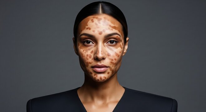Close up portrait of a woman with vitiligo skin patches across her face and dark hair slicked back wearing a black top against a grey studio background, authentic skin diversity concept photography