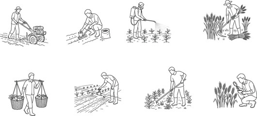 Obraz premium Farming Activity Line Drawing Vector Bundle Depicting Planting, Harvesting, and Crop Maintenance Tasks