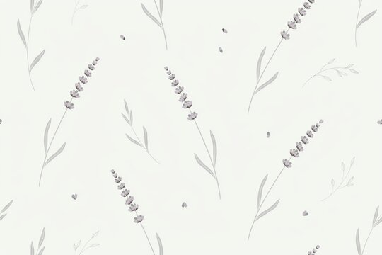 Seamless pattern with hand drawn lavender flowers and leaves in soft grey colors on a light off white background, for textile