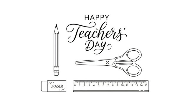 Happy teachers day illustration with school supplies pencil scissors eraser and ruler
