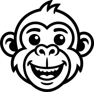 Cute smiling monkey face vector illustration isolated on white background, black line art cartoon ape mascot logo icon for children graphic design.