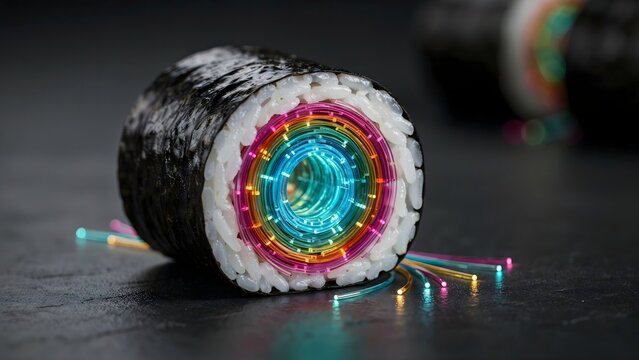 Cross section of optical fiber sushi roll with glowing rings &ndash; Perfect for high-speed data transmission, fiber optic communications, or digital art.