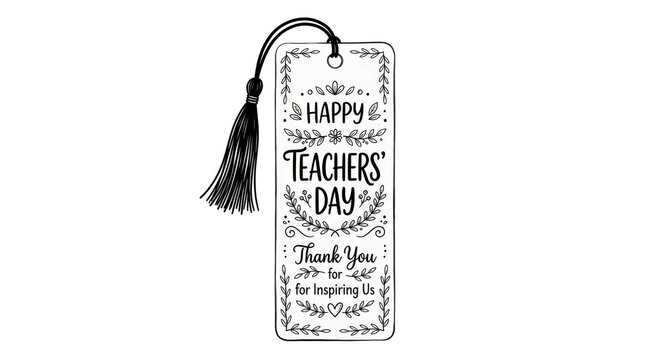 Elegant 'happy teachers day' bookmark with tassel black and white floral design