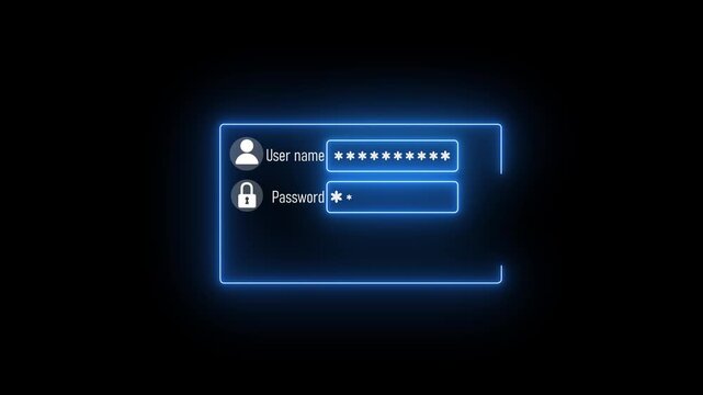 Neon digital login interface animation with secure password entry and shield authentication security