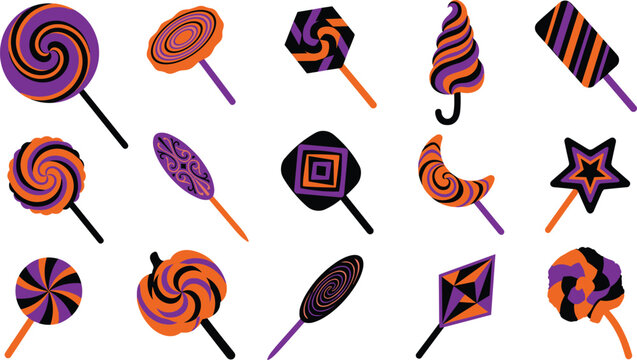 Halloween candy lollipop icon collection featuring spooky sweet treats in flat vector illustration style