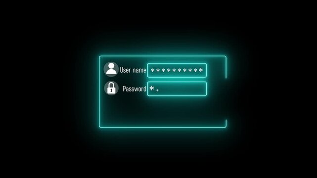 Neon digital login interface animation with secure password entry and verification shield authentication