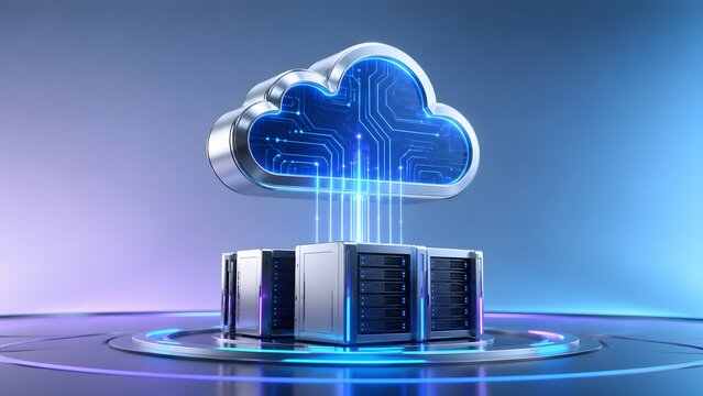 Advanced cloud computing infrastructure features a glowing metallic cloud icon with digital circuits, securely transferring data streams to server racks for robust global connectivity.