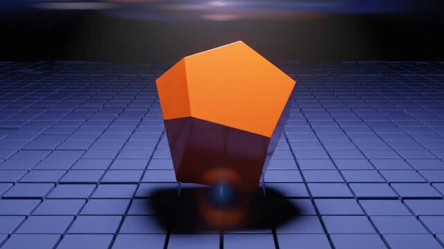 Abstract 3D orange geometric object rotating on a grid background with dramatic lighting and a dark atmosphere.
