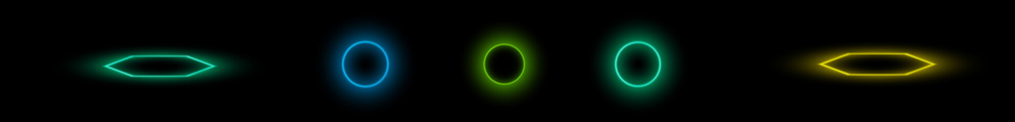 Futuristic neon glowing circles and ellipses on a black background for game UI kit design, mobile application icons, and tech website buttons. © Natasha