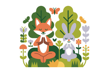 Naklejka premium Cute Fox and Rabbit Doing Yoga Meditation in Forest Vector Illustration Featuring Peaceful Animals Meditating Amidst Colorful Trees and Wildflowers