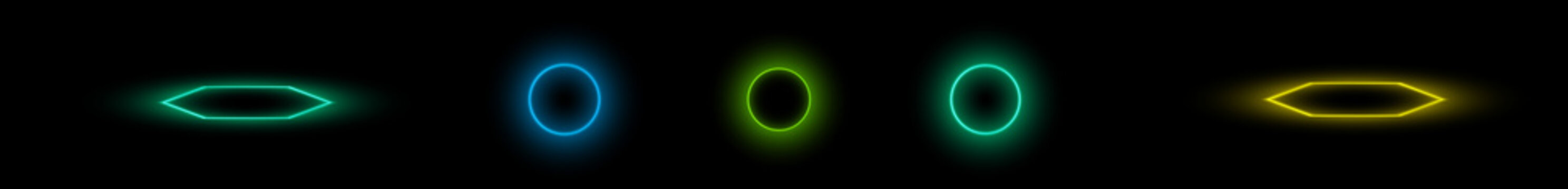 Futuristic neon glowing circles and ellipses on a black background for game UI kit design, mobile application icons, and tech website buttons.
