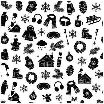 Winter season seamless pattern with christmas icons and snowflake elements