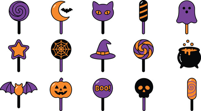 Halloween lollipop icon collection featuring spooky candy pops and trick or treat sweets in flat vector illustration style