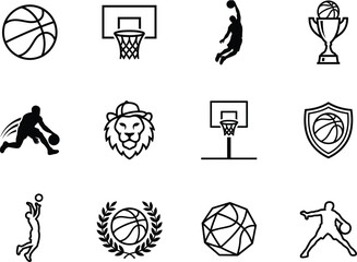 Set of basketball outline silhouette icons of players dribbling, jumping, dunking, shoot, basketball, hoop and trophy. © MRSTOCK LAB