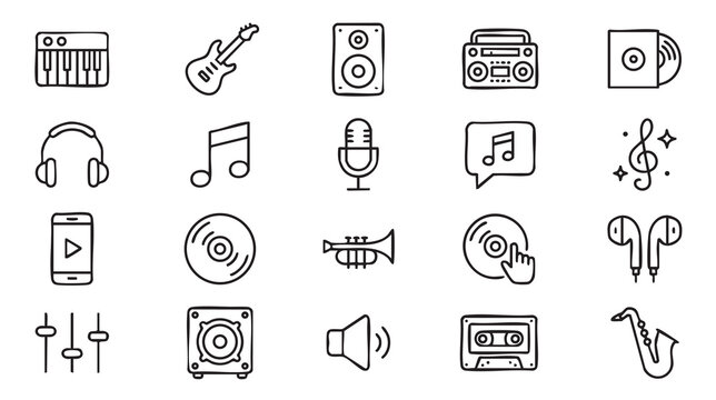 Music and Audio Equipment Thin Line Icon Set, Editable Outline Vector Collection Featuring Piano Keyboard, Guitar, Headphones, Microphone, Speaker, Vinyl Record, Cassette Tape, Earbuds and Sound 