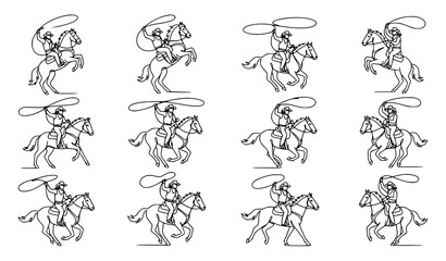 Naklejka premium Continuous One Line Cowboy Riding Rearing Horse with Lasso Western Vector Collection
