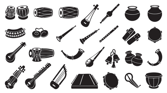 Traditional Folk Musical Instruments Silhouette Vector Icon Set, Black Cultural Music Collection Featuring Tabla, Dhol, Ektara, Shehnai, Sitar, Flute, Drum, Tambourine, Cymbals and Ethnic Percussion