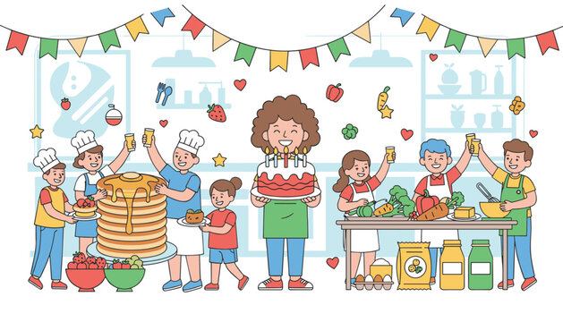Group of happy children and a teacher participating in a fun baking class with pancakes, cake, and fresh ingredients.