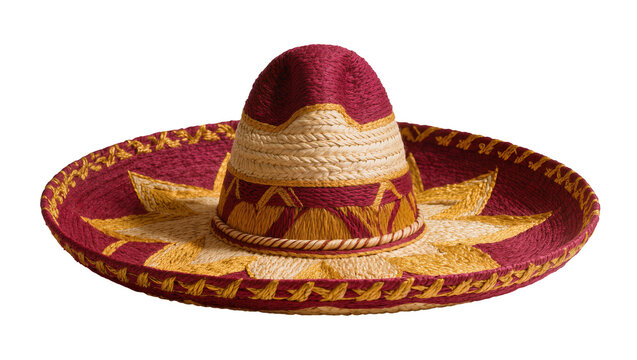 Isolated traditional Mexican sombrero with vibrant red and golden intricate woven patterns.