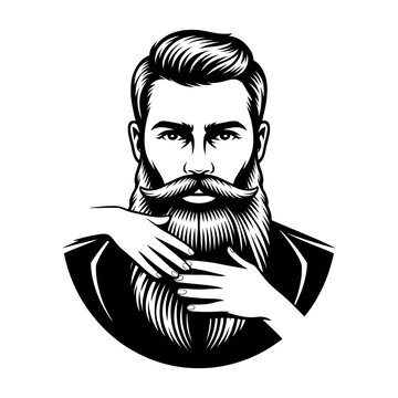 Monochrome vector illustration of a bearded man with hand touching beard detailed facial hair design mustache black white graphic portrait