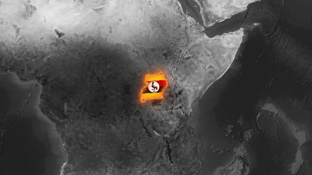 Uganda map with glowing national flag animation on dark textured background, africa country