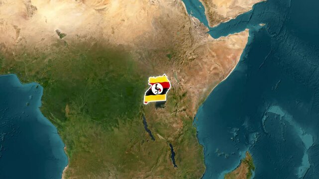 Uganda country map zoom animation with national flag overlay and satellite earth background, africa geography