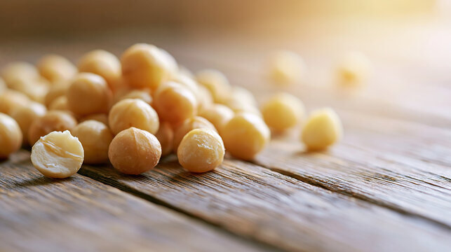 Close-up of roasted chickpeas on wooden surface